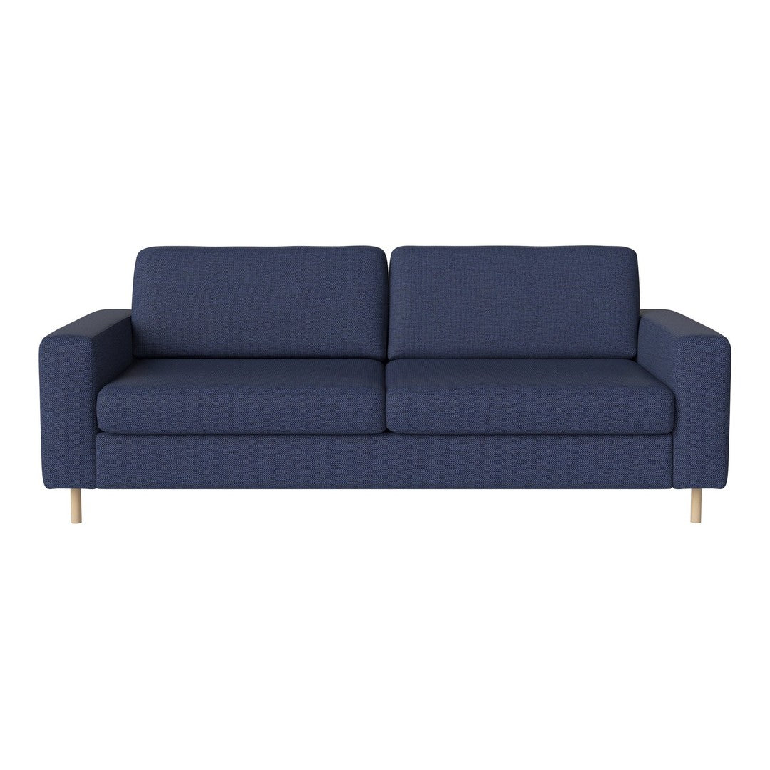 Navy blue couch with a textured fabric and clean lines, featuring light wood legs. Ideal for modern spaces.