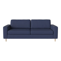 Navy blue couch with a textured fabric and clean lines, featuring light wood legs. Ideal for modern spaces.
