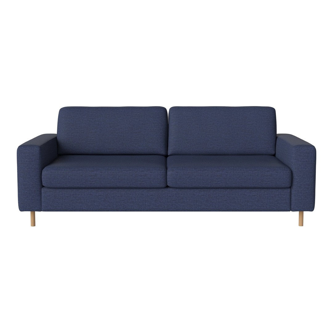 Navy blue fabric sofa with a minimalist design and smooth texture, featuring clean lines and light wooden legs.
