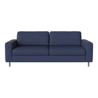Navy blue upholstered couch with a textured pattern, featuring clean lines and modern silver legs.