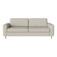 Light gray sofa with clean lines and minimalist design, featuring smooth fabric and subtle wood accents.