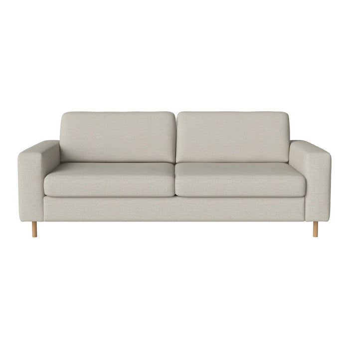Light gray sofa with clean lines and minimalist design, featuring smooth fabric and subtle wood accents.