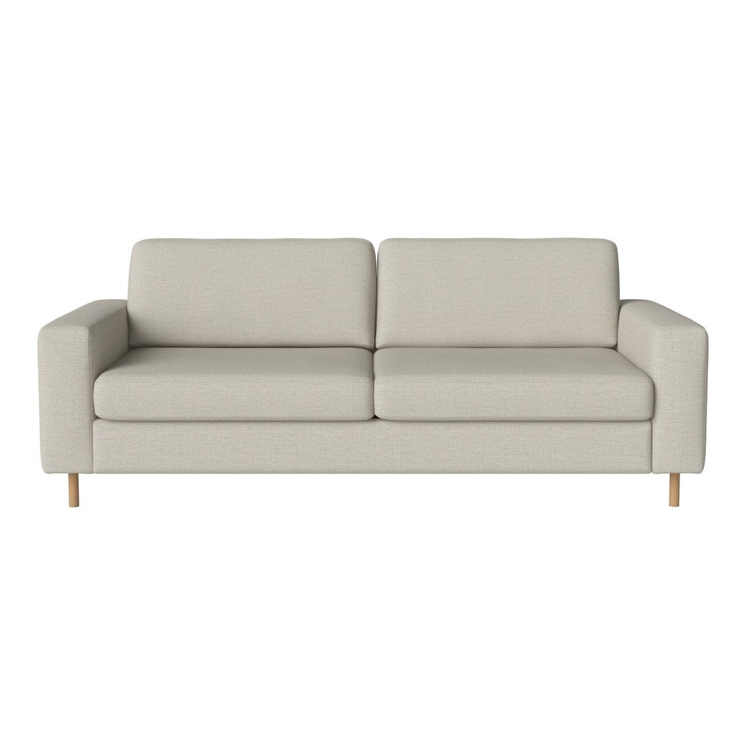 Light gray sofa with a simple, modern design and smooth fabric, featuring a minimalist aesthetic and wooden legs.