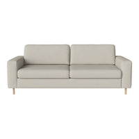 Light gray modern sofa with a smooth texture and minimalist design, featuring clean lines and wooden legs.