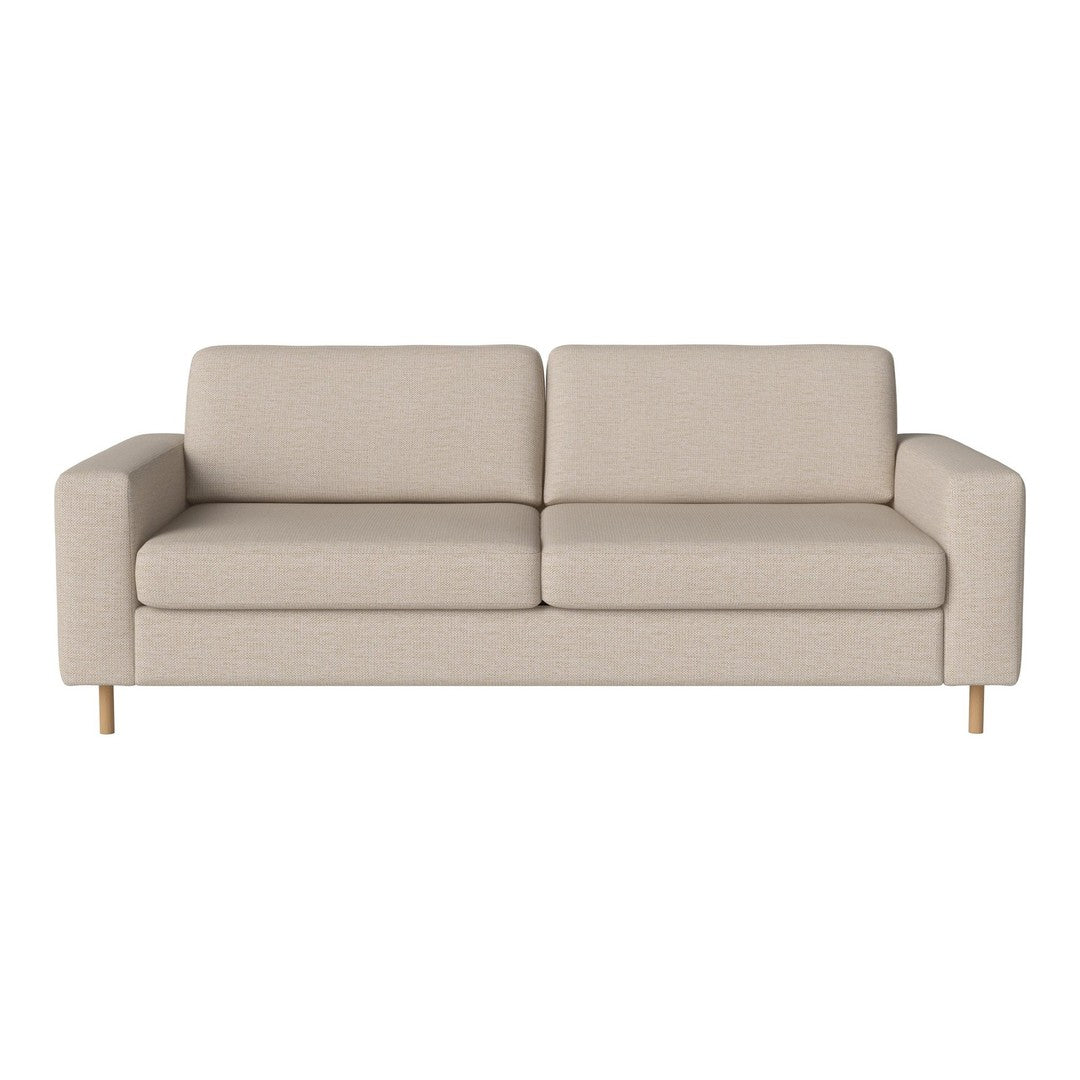 Light beige fabric sofa with a minimalist design and subtle textured pattern, featuring wooden legs.
