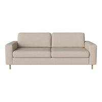 Light beige fabric sofa with a minimalist design and subtle textured pattern, featuring wooden legs.