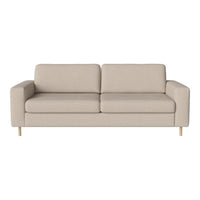 Beige upholstered sofa with a textured pattern and clean lines, complemented by natural wood legs. Perfect for modern interiors.