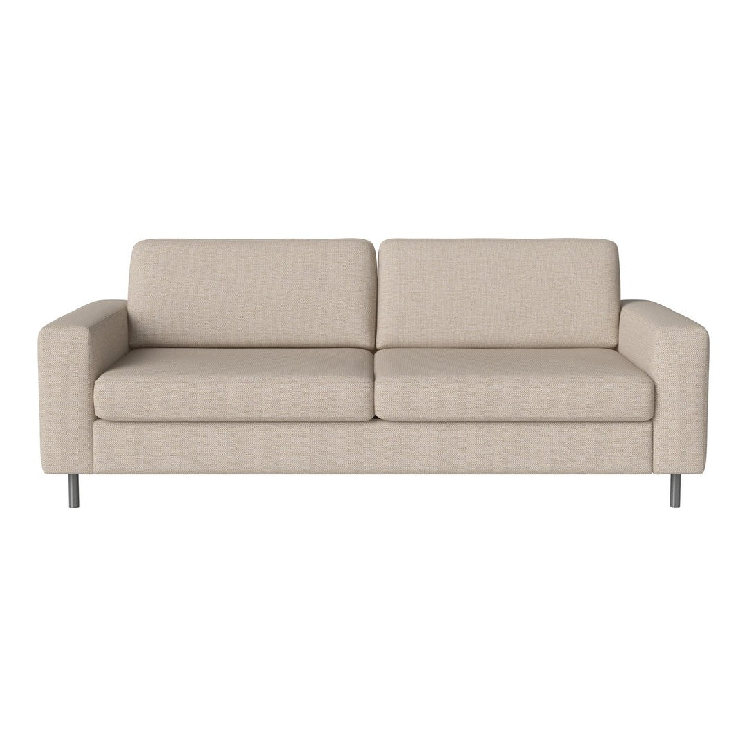 Beige modern couch with a minimalist design and soft fabric texture, featuring clean lines and metal legs.