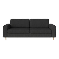 Modern dark gray sofa with a sleek design and subtle texture, featuring light wooden legs for a contemporary look.