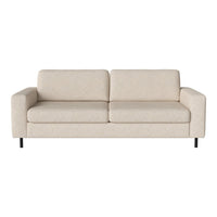 Beige upholstered sofa with a smooth texture and minimalistic design, featuring clean lines and no visible patterns.