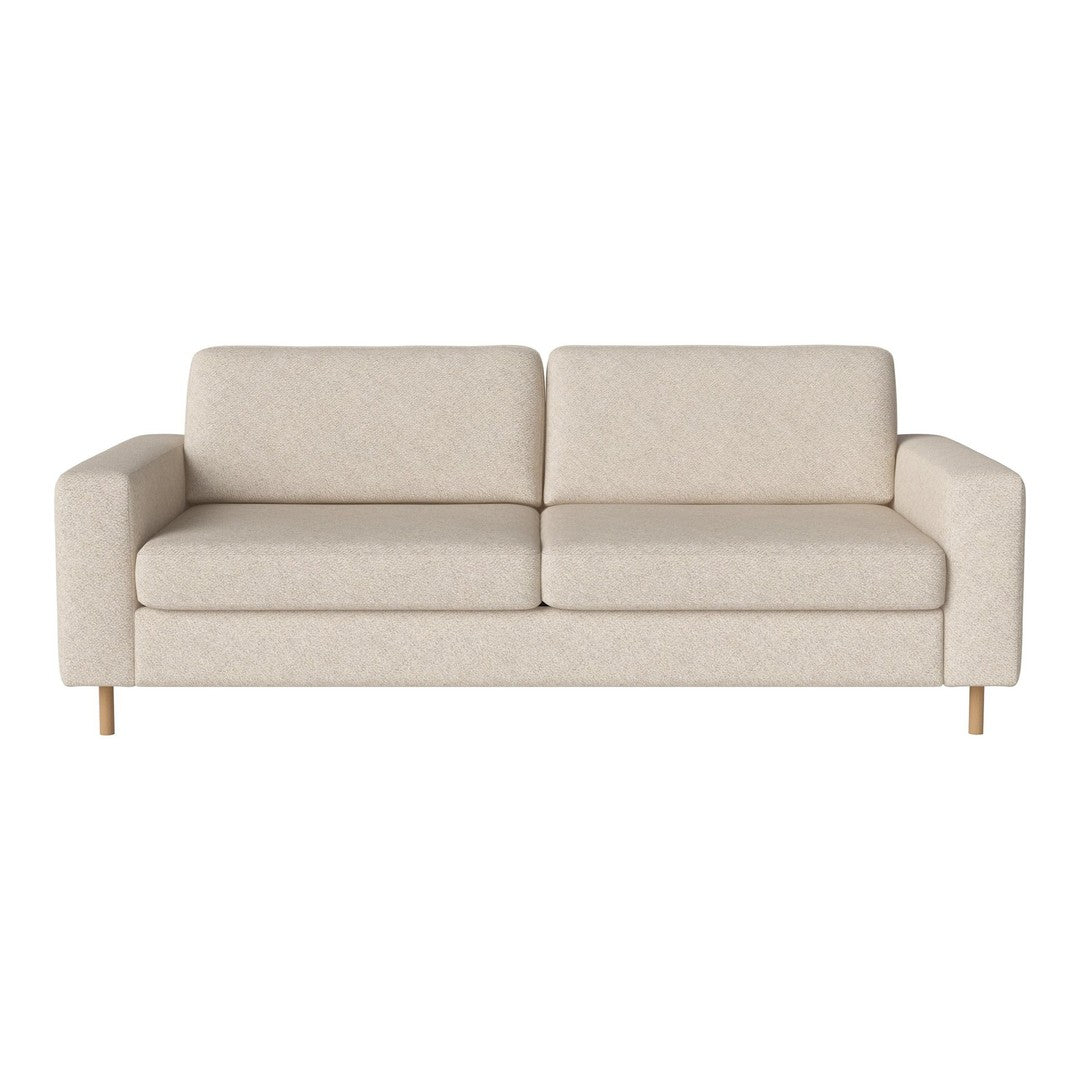 Beige fabric sofa with subtle textured pattern, featuring a clean modern design and light wooden legs.