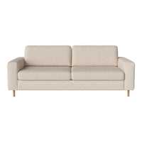 Beige fabric sofa with subtle textured pattern, featuring a clean modern design and light wooden legs.