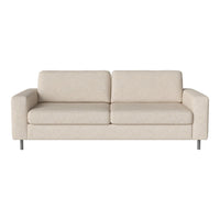 Beige modern sofa with smooth fabric and minimalistic design, featuring clean lines and a neutral color palette.