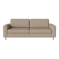 Beige fabric sofa with a simple, minimalistic design and light wooden legs. Ideal for modern living spaces.