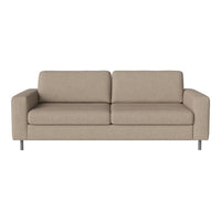 Beige fabric sofa with a minimalist design and smooth, solid color upholstery. Perfect for modern interiors.