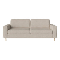 Light beige sofa with a simple, textured fabric and clean lines, featuring minimalistic wooden legs.