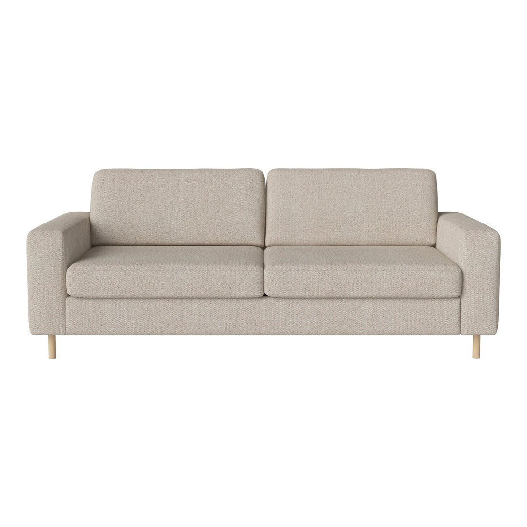 Light beige fabric sofa with a smooth texture and minimalist design featuring clean lines and no visible patterns.