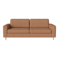 Brown upholstered sofa with a textured pattern and light wooden legs, perfect for modern living spaces.