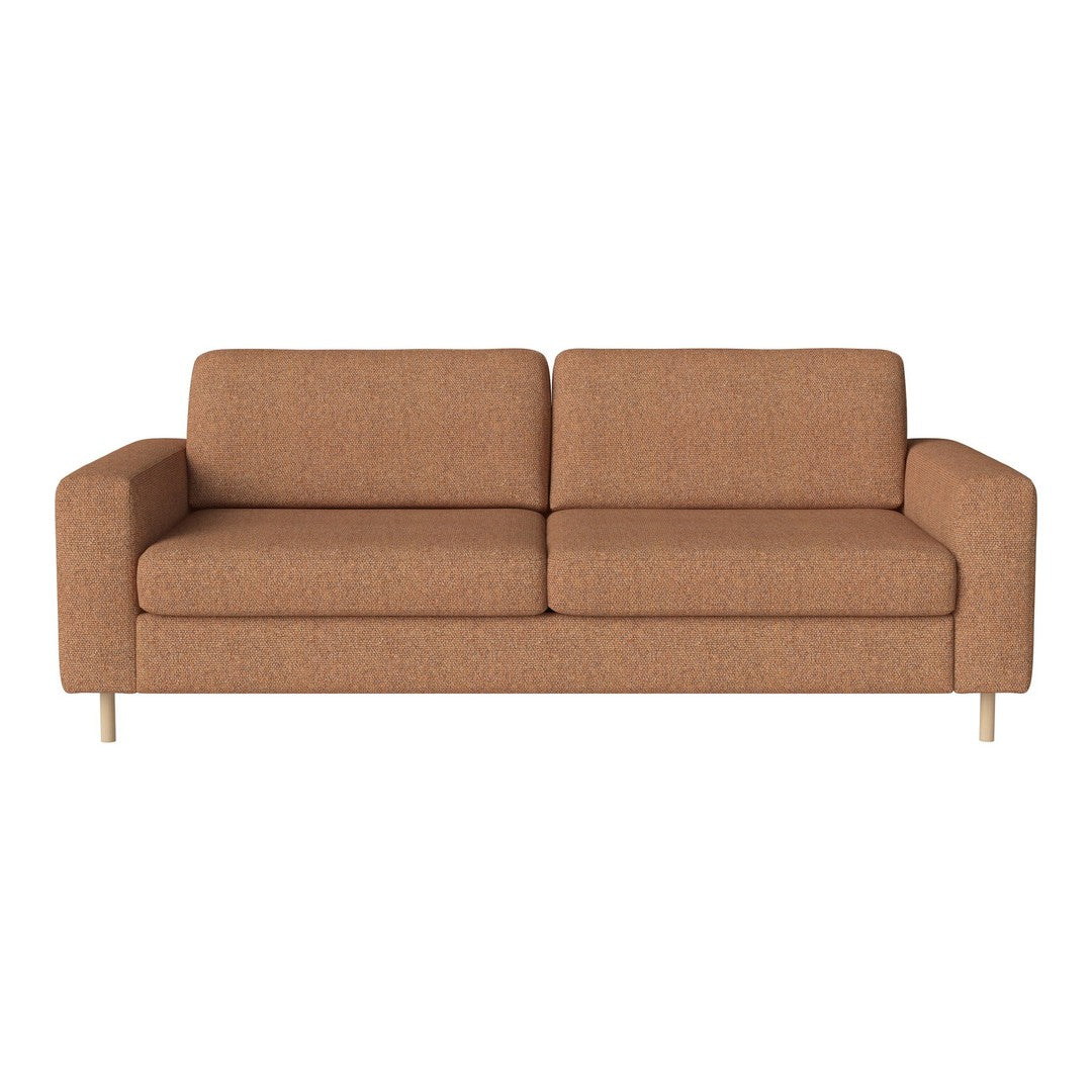 Modern brown sofa with a textured fabric and minimalist design, featuring light wooden legs.