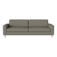 Modern two-seat sofa in a soft gray color with smooth, minimalist lines and light wood legs.