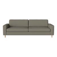 Sleek gray sofa with minimalist design and smooth upholstery, featuring natural wood legs for added style.