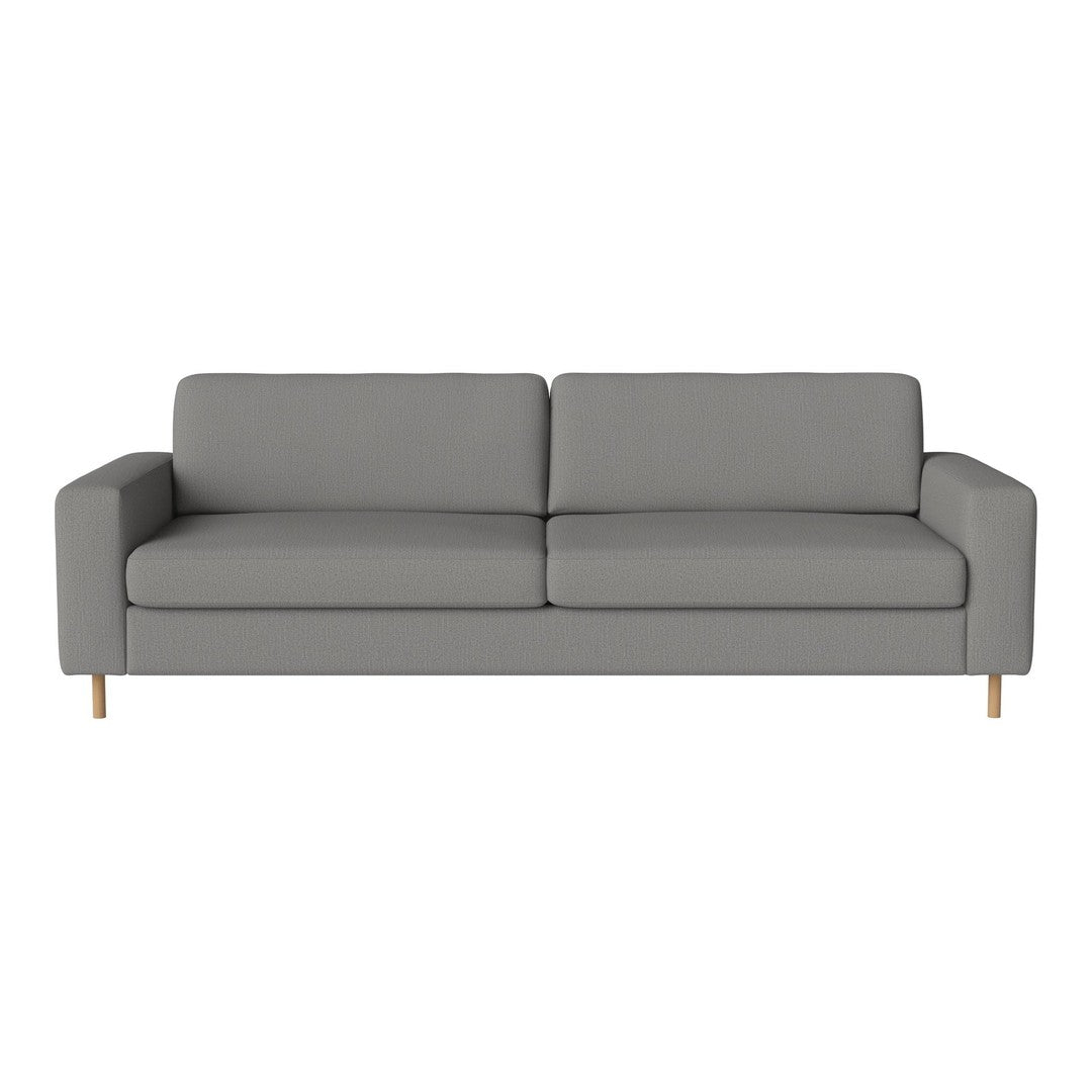 Gray upholstered sofa with a smooth texture and minimalistic design, featuring wooden legs in a natural finish.