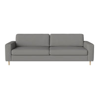Gray upholstered sofa with clean lines and a minimalist design, complemented by light wooden legs.
