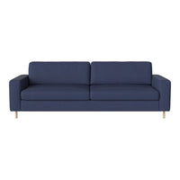 Navy blue sofa with a smooth fabric finish and modern design, featuring a minimalist style and natural wood legs.