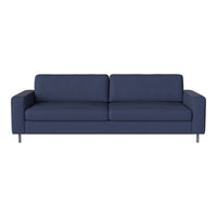 Navy blue sofa with a smooth, solid fabric finish and sleek, modern design.