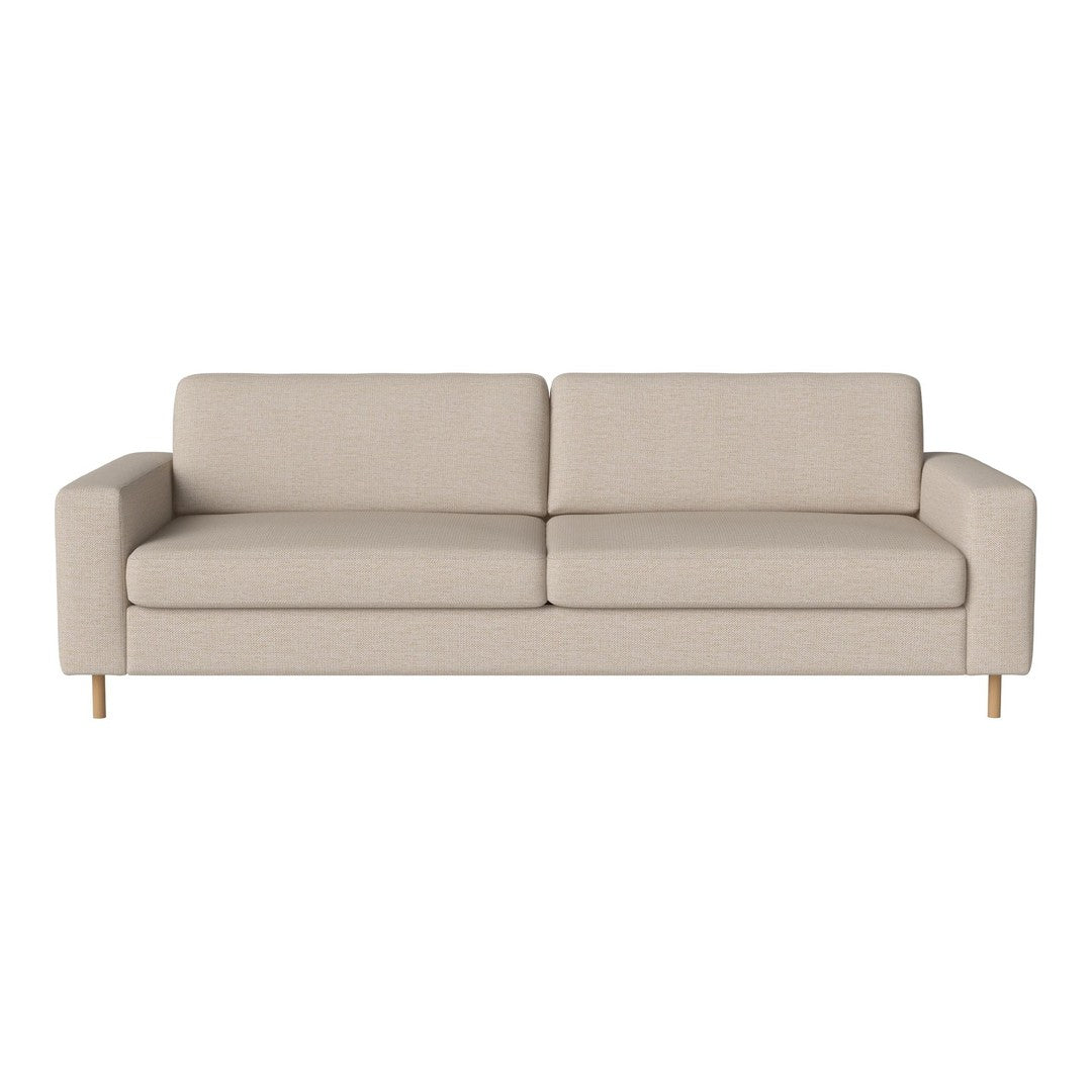 Beige fabric sofa with a smooth texture and minimalist design, featuring light wooden legs.