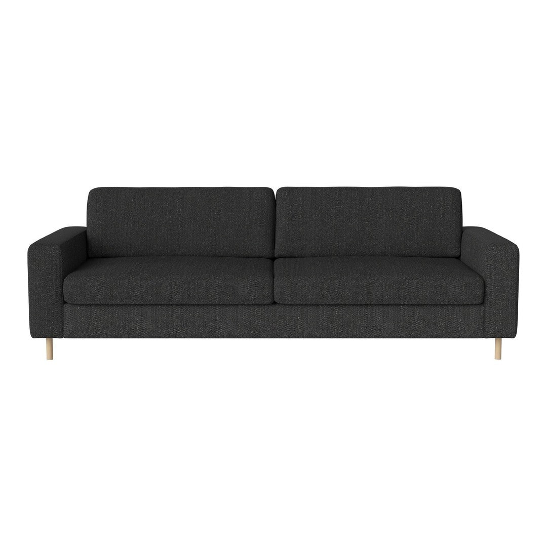 Stylish dark gray couch with a modern design and subtle texture, complemented by light wooden legs.