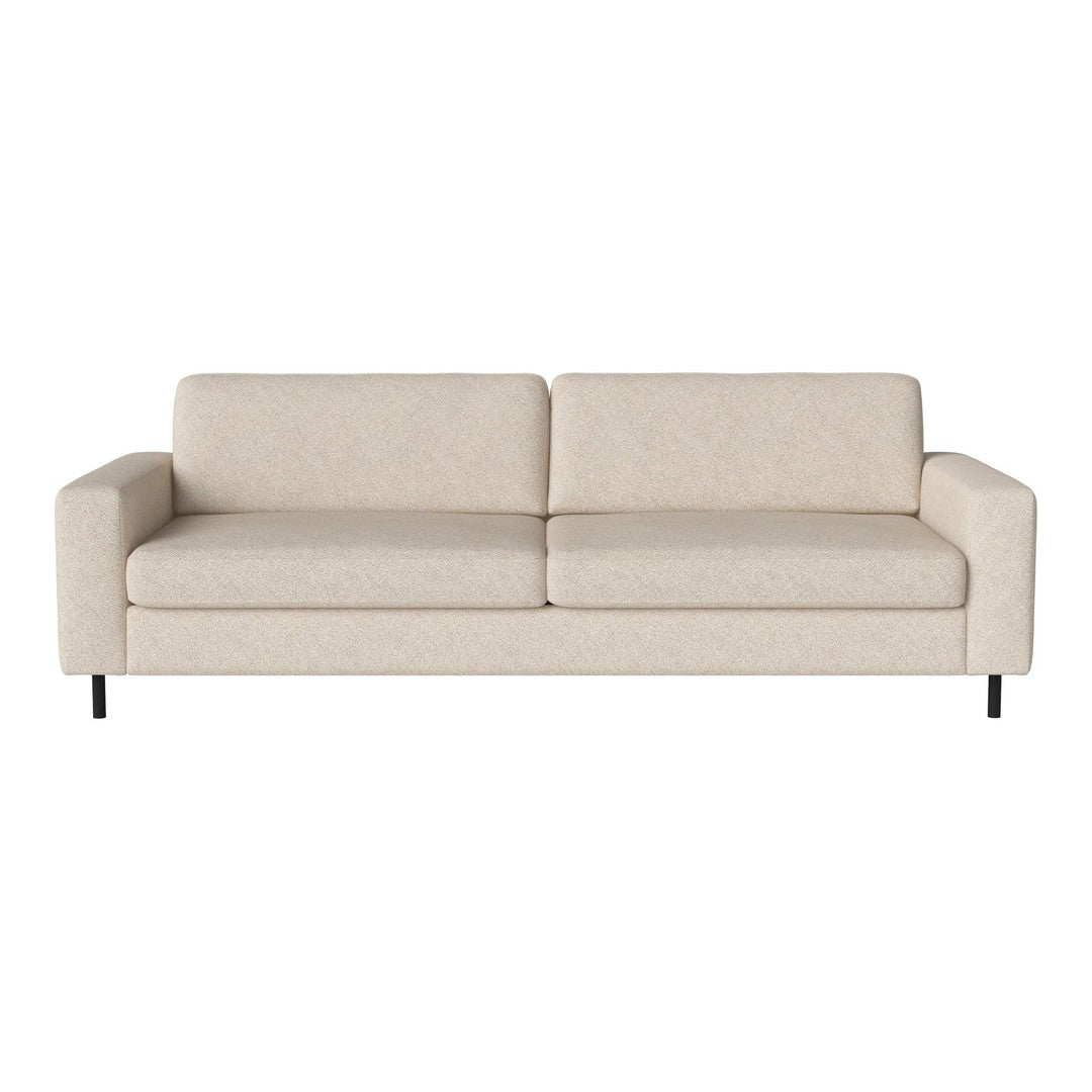 Beige upholstered sofa with a smooth, minimalistic design and black metal legs. Perfect for modern living spaces.