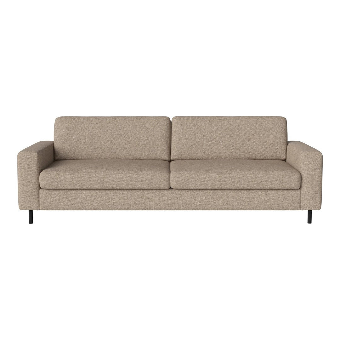 Beige upholstered sofa with clean lines and minimalist design, featuring smooth fabric and no visible patterns.