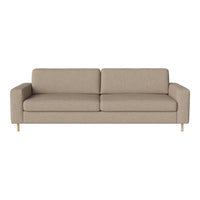 Neutral beige fabric sofa with clean lines and wooden legs, offering a modern, minimalist aesthetic perfect for any living space.