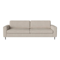 Light beige sofa with a simple, modern design and smooth fabric texture, complemented by sleek metal legs.