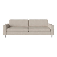 Light beige sofa with a smooth, textured fabric and minimalist design, featuring clean lines and no patterns.
