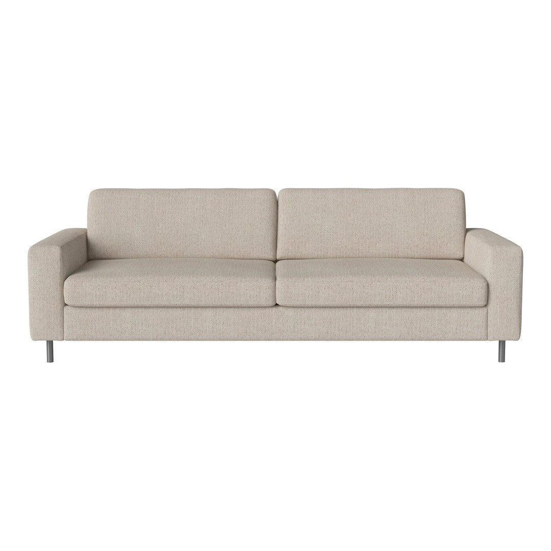 Beige upholstered sofa with a smooth texture and minimalist design on silver legs.