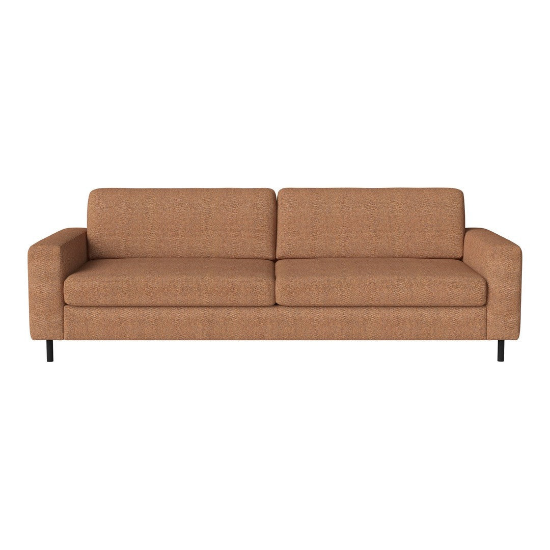 Brown textured fabric sofa with clean lines and a modern design, featuring two spacious cushions for comfort.