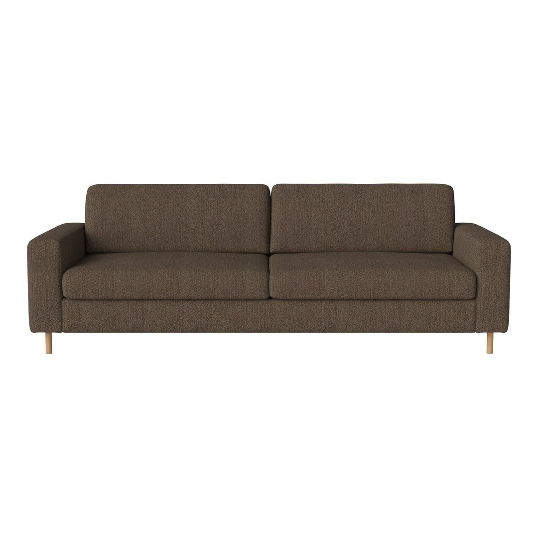 Modern brown sofa with a textured fabric and clean lines; perfect for contemporary living spaces.