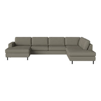 Modern sectional sofa in soft gray fabric, featuring a sleek, minimalist design with clean lines and no visible patterns.