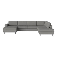 Gray fabric sectional sofa with a modern design and sleek lines, featuring soft cushions and metal legs.