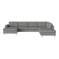 Gray sectional sofa with clean lines and minimalist design, featuring a smooth fabric texture and light wood legs.