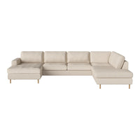 Beige sectional sofa with clean lines and soft upholstery, featuring a modern design and wooden legs.