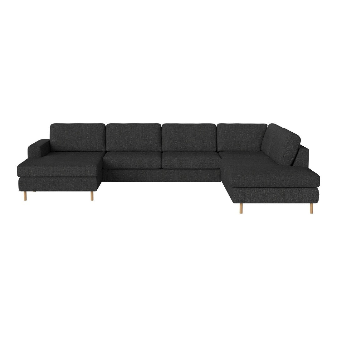 Modern sectional sofa in dark gray fabric with clean lines and wooden legs for a sleek, contemporary look.