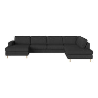 Dark gray sectional sofa with a modern design and smooth fabric, featuring clean lines and wooden legs.