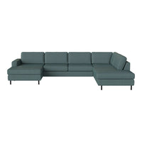 Teal sectional sofa with a minimalist design and clean lines, featuring a solid color and no patterns.