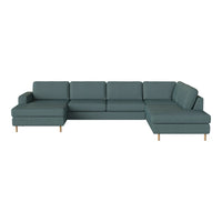 Teal sectional sofa with clean lines and minimalist design, featuring smooth fabric and light wooden legs.