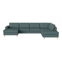 Teal sectional sofa with a sleek, modern design and a solid pattern, featuring light wooden legs. Ideal for contemporary spaces.
