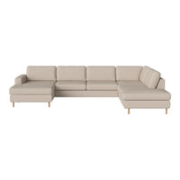 Beige sectional sofa with a sleek design and smooth fabric, featuring subtle stitching and wooden legs for a modern look.