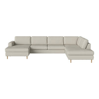 Light beige sectional sofa with clean lines and minimalist design, featuring a solid fabric pattern and wooden legs.